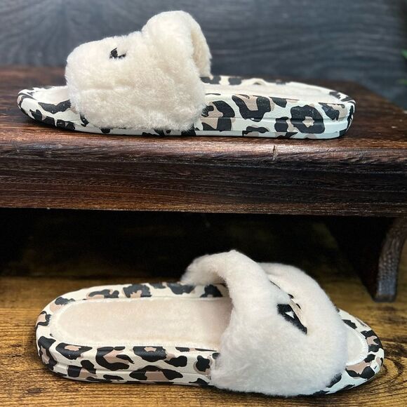 APL Women’s Shearling Slide Sandal in Parchment/Black/Leopard. 🖤🤍🤎 Size 6. NI - Picture 6 of 16